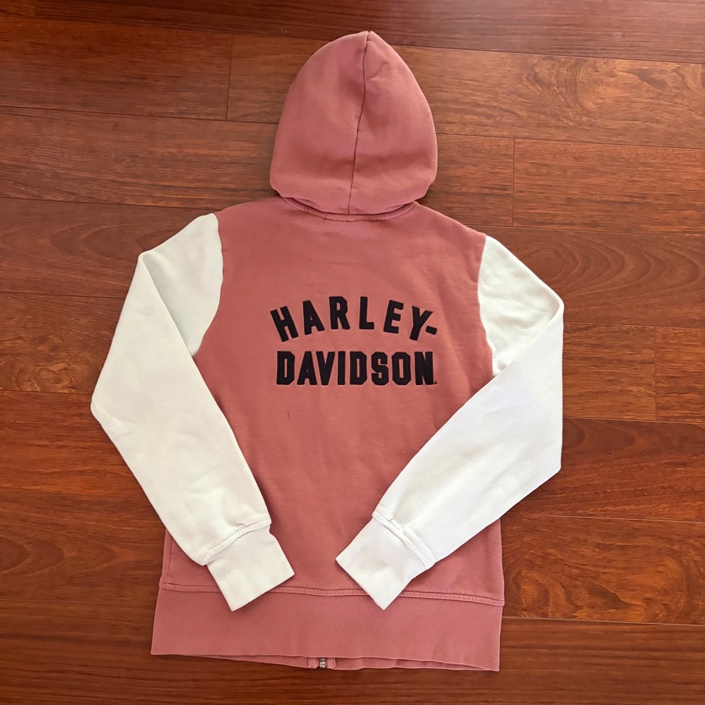 Harley Davidson Womens XS Pink White Colorblock Zip Up Hoodie Spellout Biker